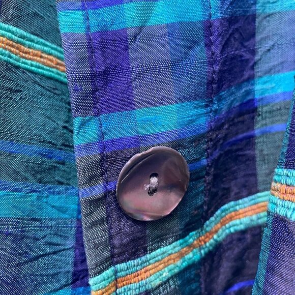 CHICOS Silk Shirt Jacket Size Large Womens Blue Green Plaid Top 3/4 Sleeve - Picture 8 of 9